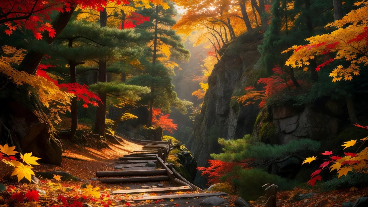 紅葉に染まった渓谷のトレイルと秋の森の情景