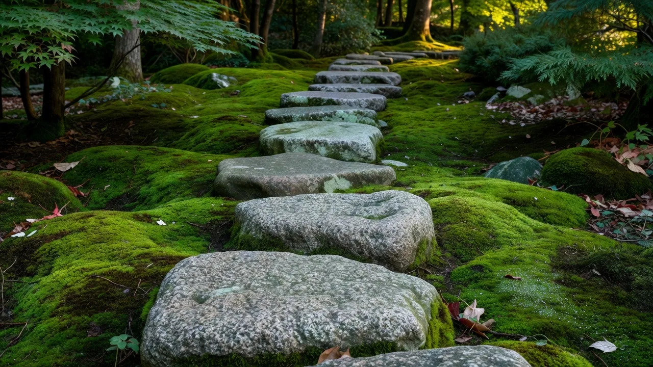 苔に覆われた石畳の小径と緑豊かな庭園