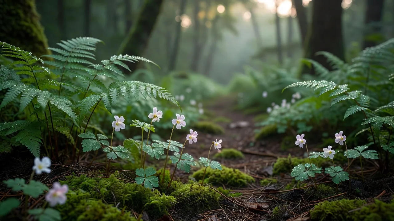 野の花とシダが咲き乱れる森のトレイル