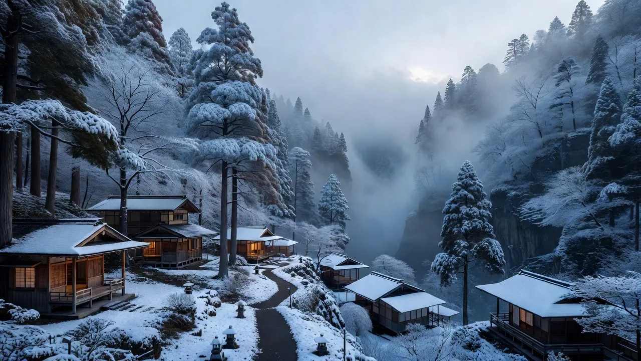 雪に覆われた冬の森と渓谷